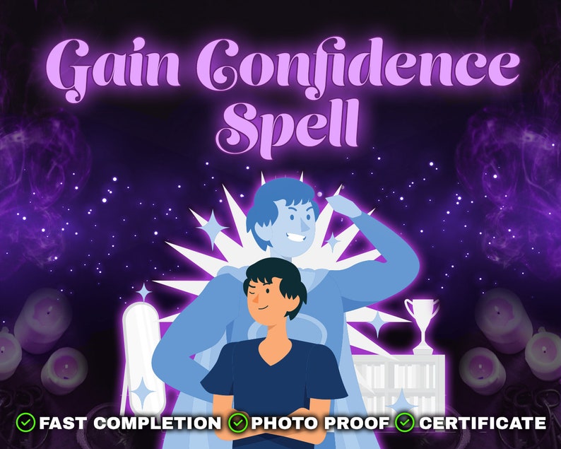 May include: A graphic illustration featuring the text Gain Confidence Spell. A person stands in front of a larger, translucent blue superhero figure. The background is dark purple with glowing candles, a mirror, a trophy, and a bookshelf.
