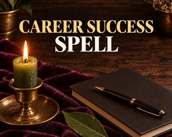 May include: A green pillar candle in a brass holder, a black notebook with a gold-trimmed pen, and a bay leaf on purple velvet fabric. The text CAREER SUCCESS SPELL is centered in gold and white lettering against a dark wooden background.