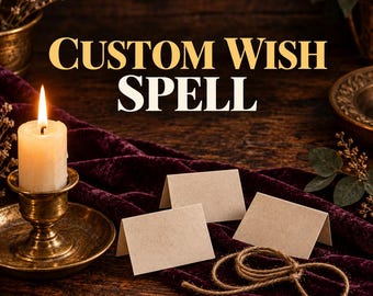Könnte beinhalten: Eine weiße Stumpenkerze in einem Messinghalter, drei leere, gefaltete beigefarbene Papierkarten und ein Knäuel braunes Garn auf einem dunkelvioletten Samttuch. Der Text "CUSTOM WISH SPELL" steht in großen, fetten, goldenen und weißen Buchstaben.