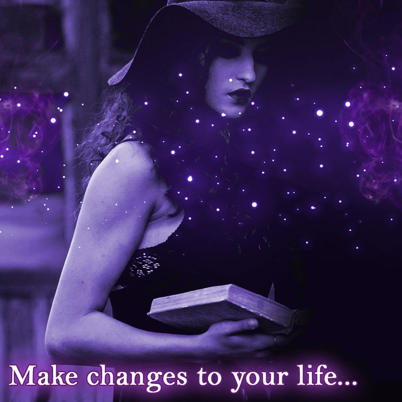 May include: A person wearing a dark hat and sleeveless top holds an open book, surrounded by purple light and floating particles. The text "Make changes to your life..." is displayed in white at the bottom of the image.