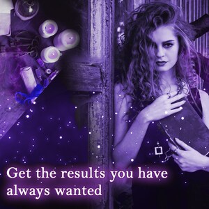 May include: A purple-toned composite image featuring a person with curly hair holding a dark book, alongside a collection of white candles, small glass vials, and keys. The text "Get the results you have always wanted" is displayed in white.