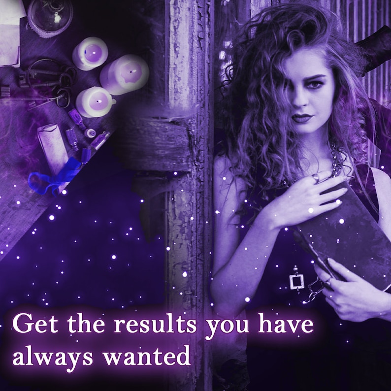 May include: A purple-toned composite image featuring a person with curly hair holding a dark book, alongside a collection of white candles, small glass vials, and keys. The text "Get the results you have always wanted" is displayed in white.