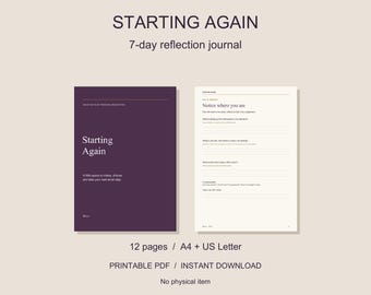 Könnte beinhalten: Ein 12-seitiges 7-Tage-Reflexionstagebuch mit dem Titel Starting Again. Das Set enthält einen dunkelvioletten Einband mit weißem Text und eine weiße Innenseite mit linierten Feldern für tägliche Reflexionen, erhältlich in A4 und US Letter.