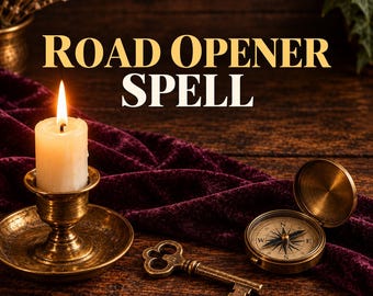 Könnte beinhalten: Eine brennende weiße Kerze in einem Messingkerzenhalter, ein antiker Messingschlüssel und ein offener Messingkompass auf einem dunkelvioletten Samttuch. Der Text ROAD OPENER SPELL ist in großen, fetten, goldfarbenen Buchstaben zu sehen.