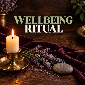 May include: A lit white candle in a brass holder, a sprig of purple lavender, and a smooth gray stone resting on a dark wooden surface draped with deep purple velvet fabric. The text WELLBEING RITUAL is centered in the upper portion.