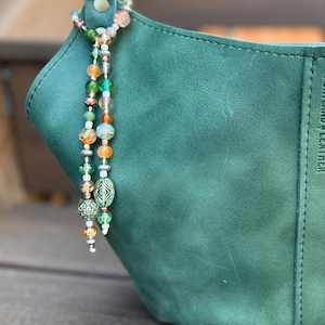Purse Charm - Green, Amber, Silver Beaded Bag Charm - Handmade with Peacock Stone & Vintage Accents - Tote and Backpack Accessory
