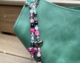 Handmade Beaded Purse Charm – Pink Leopard Heart, Bag Accessory
