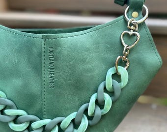 Chunky Green Resin Bag Chain: Two-Tone Purse Strap with Heart Clasps