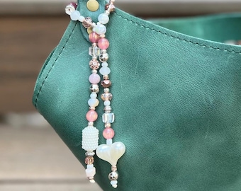 Handmade Beaded Purse Charm: Pink, Pearl, and Silver Heart Accent