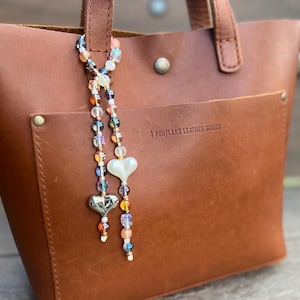 Beaded Purse Charm - Earth Tones. Blue, Amber, Silver, With Large Heart Accent Beads. Perfect Fashion Accessory for Totes.