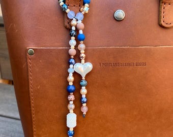 Beaded Bag Charm -  Blue, Brown, and Faux Pearl Heart Accent Purse Jewelry