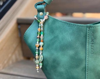 Handmade Beaded Purse Charm: Peacock Stone & Vintage Accents
