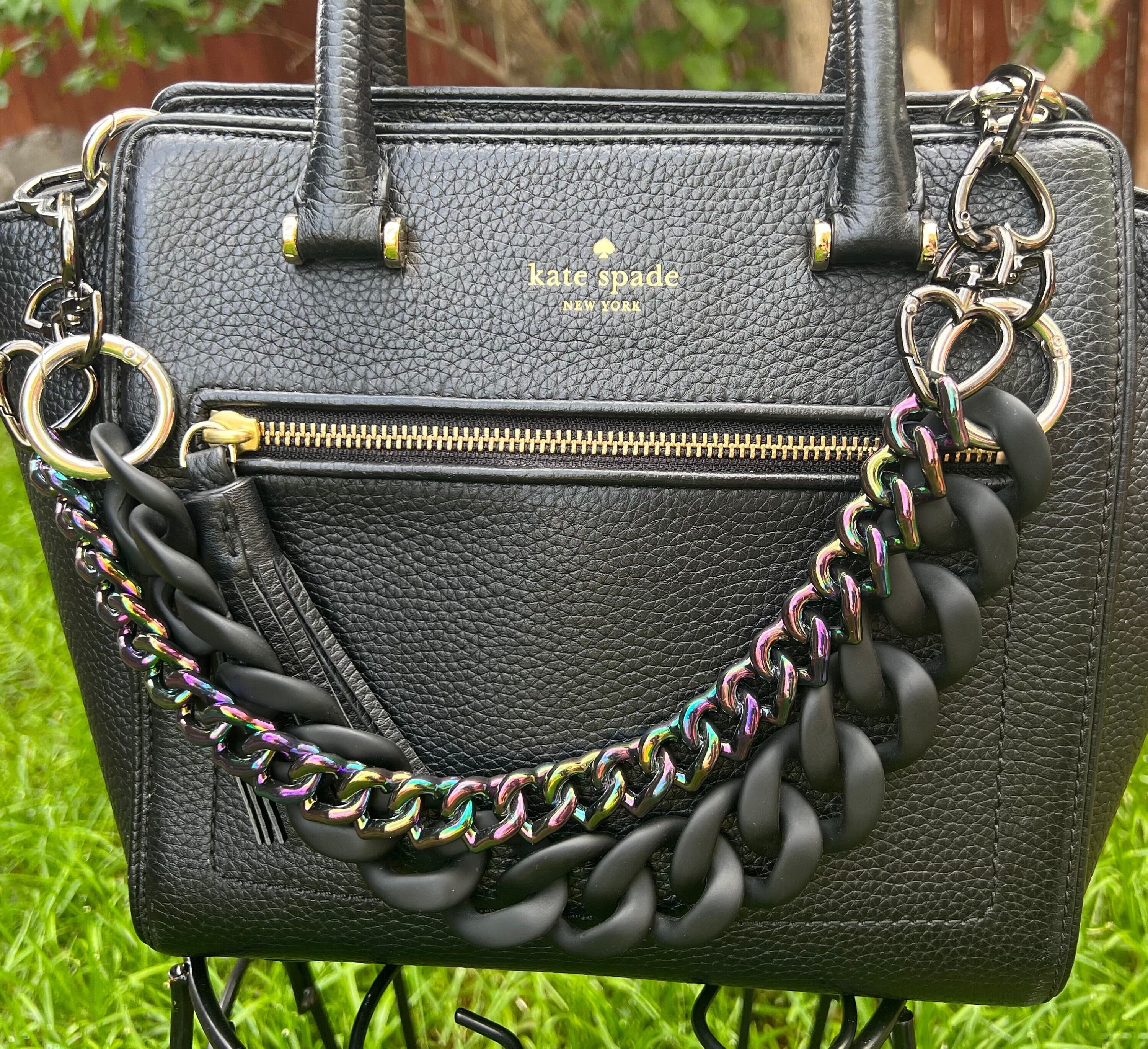 Black Handbag with Black Leather Chain Shoulder Strap Set