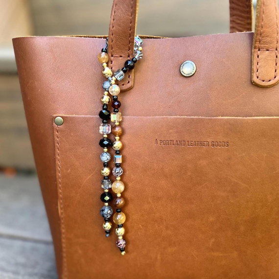 Beaded Purse Charm, Black & Brown Gradient, Gold Accents – Handmade Bag Charm