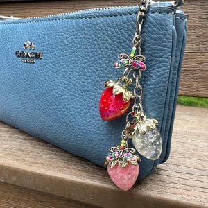 Strawberry Purse Charm or Key Chain - Strawberries and dragonfly charms. Fruit Y2K Jelly