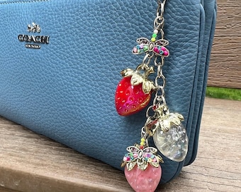 Strawberry Purse Charm or Key Chain - Strawberries and dragonfly charms. Fruit Y2K Jelly