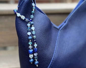 Handmade Navy Blue Beaded Purse Charm: Stone Beads and Silver Accents