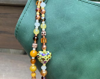 Handmade Beaded Purse Charm: Leopard Heart, Yellow & Orange Stone
