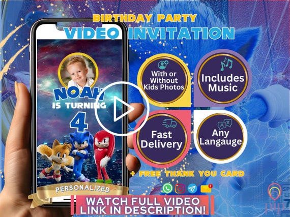 Sonic Invitation Template, Super Hedgehog Birthday Digital Video Invite, Bday Party Invitations, Personalized e vites, Custom For Boys Girls