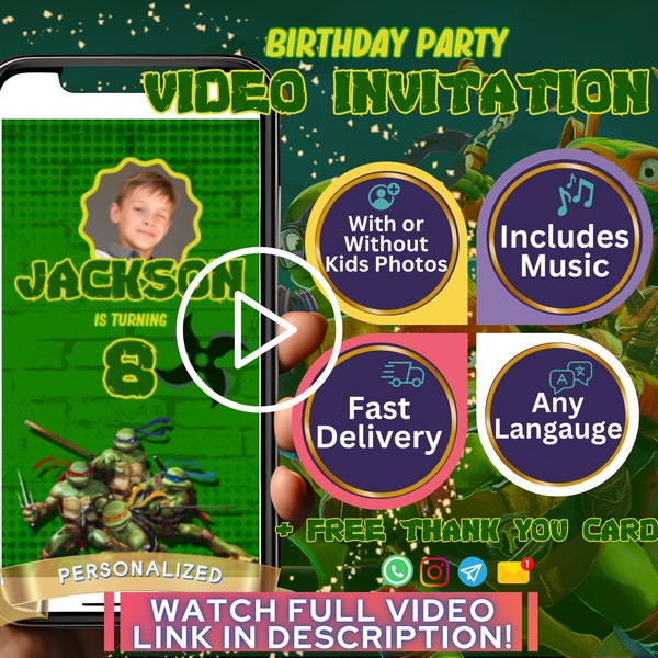 Schildpadden uitnodiging sjabloon, verjaardag digitale video uitnodigen, Bday Party Ninjaturtles uitnodigingen, gepersonaliseerde e vites, aangepast voor jongens meisjes