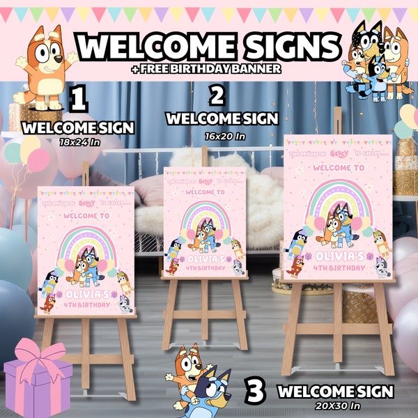Pink Blue Dog Welcome Sign, Birthday Party Decor, Downloaded Personalized Bday Poster Decorations, Editable In Canva, Custom For Girls