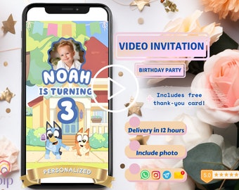 Blue Dog Invitation Template, Birthday Digital Video Invite, Bday Party Invitations, Downloaded Personalized e vites, Custom For Boys, Girls