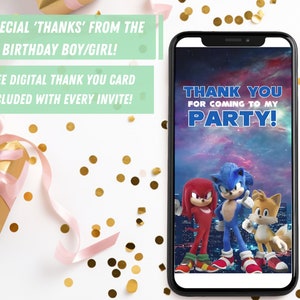May include: A digital thank you card featuring a Sonic the Hedgehog theme. The card shows Sonic, Knuckles, and Tails standing in front of a city skyline. The text on the card reads "Thank you for coming to my party!"