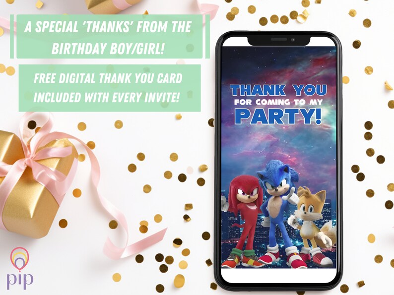 May include: A digital thank you card featuring a Sonic the Hedgehog theme. The card shows Sonic, Knuckles, and Tails standing in front of a city skyline. The text on the card reads "Thank you for coming to my party!"