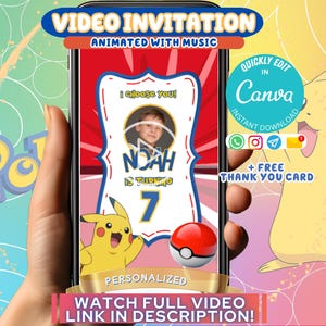 Invito di compleanno Pokemon modificabile, inviti video per feste Pokemon, invito animato per compleanno Pikachu Card, download immediato Evite Canva