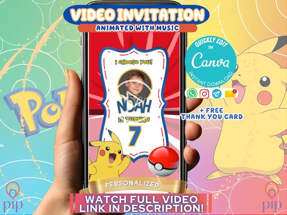 Editable Pokemon Birthday Invitation, Pokemon Party Video Invitations, Pikachu Card Bday Animated Invite, Evite Canva Instant Download