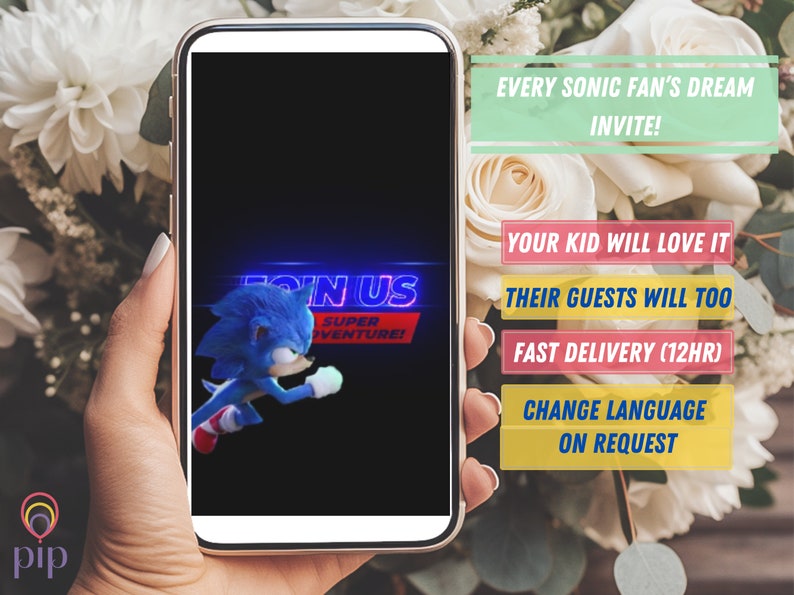 May include: A smartphone displaying a Sonic the Hedgehog movie poster with the text "Join Us Super Adventure!" The poster features a blue hedgehog running. The phone is held in a hand. The background is a bouquet of white roses.