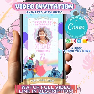 Stitch Invitation Template, Angel Bday Party Video Invitations, Cute Birthday Animated Invite Girls Pink Blue Purple, Canva Instant Download