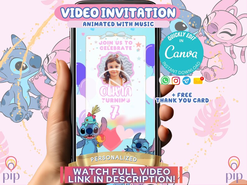K&ouml;nnte beinhalten: Eine animierte Videoeinladung in Rosa und Blau f&uuml;r eine Geburtstagsfeier. Die Einladung zeigt eine Zeichentrickfigur, Stitch, und den Text "Feiert mit uns Olivias 7. Geburtstag". Die Einladung ist personalisiert und kann in Canva bearbeitet werden.