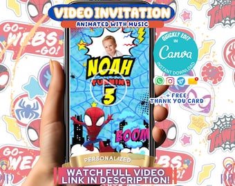 May include: A digital video invitation for a birthday party featuring a cartoon Spiderman character. The invitation is customizable with a photo and the child's name. The text on the invitation reads "Noah Turning 3" and "Watch Full Video Link in Description!"