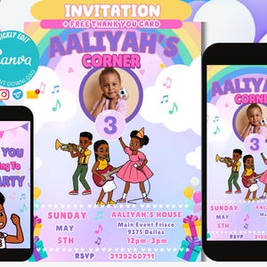 May include: A digital invitation for a 3rd birthday party with a rainbow and musical notes theme. The invitation features a photo of a young girl and the text "Aaliyah's Corner". The invitation includes the date, time, and location of the party. A matching thank you card is also included.
