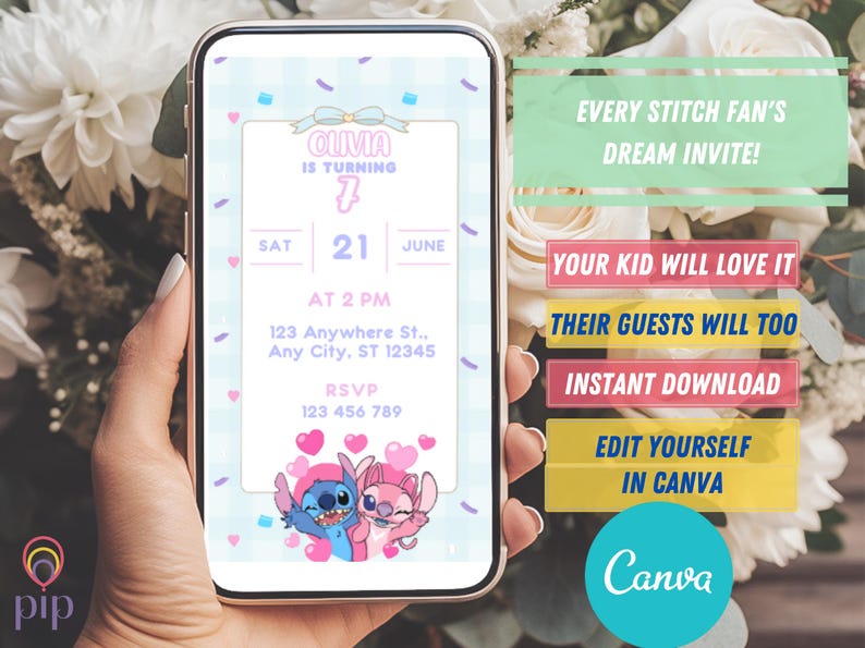K&ouml;nnte beinhalten: Eine digitale Einladung zu einer 7. Geburtstagsfeier mit Stitch und Angel aus dem Disney-Film Lilo & Stitch. Die Einladung ist in einem hellblauen und rosafarbenen Farbschema mit Konfetti und Herzen gestaltet. Der Text auf der Einladung lautet "Olivia wird 7" und enth&auml;lt Datum, Uhrzeit und RSVP-Informationen. Die Einladung wird auf einem Smartphone-Bildschirm angezeigt.