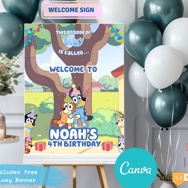 Blue Dog Welcome Sign, Birthday Party Decor, Downloaded Personalized Bday Decorations, Editable In Canva, Custom For Boys & Girls