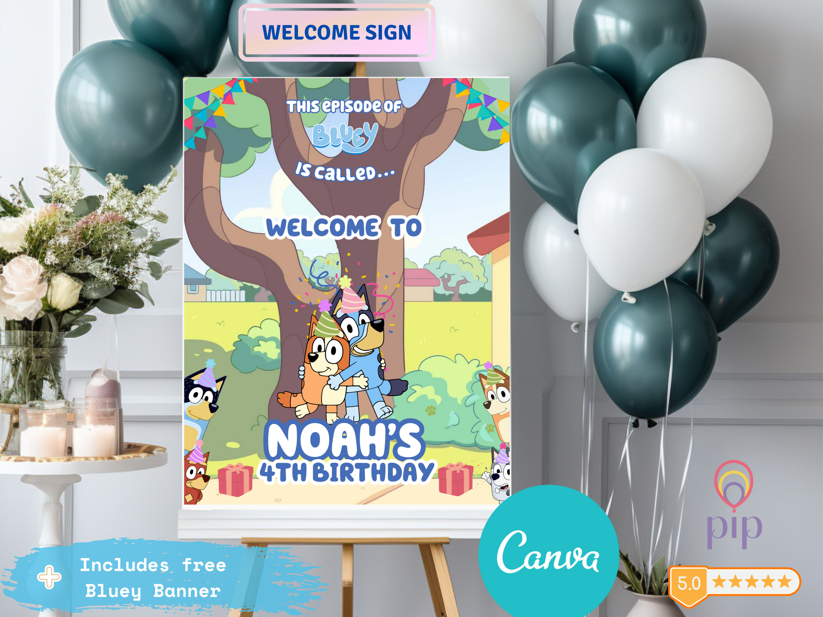 Blue Dog Welcome Sign, Birthday Party Decor, Downloaded Personalized