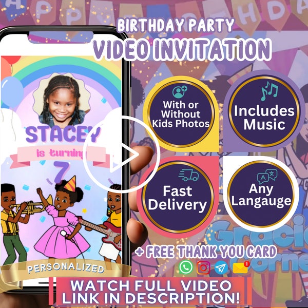 Gracie's Corner Invitation Template, Birthday Digital Video Invite, Bday Party Invitations, Downloaded Personalized evites, Custom For Girls
