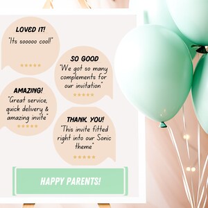 May include: A white poster with four peach-coloured speech bubbles containing reviews about a product. The reviews include "Loved it!" "Its sooooo cool!" "Amazing!" "Great service, quick delivery & amazing invite" "So Good" "We got so many complements for our invitation" "Thank You!" "This invite fitted right into our Sonic theme". The poster also has the text "Happy Parents!" and is decorated with light green balloons.