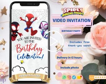 May include: A digital video invitation for a birthday party featuring Spider-Man characters. The invitation includes a free thank-you card and delivery in 12 hours. You can include a photo in the invitation.