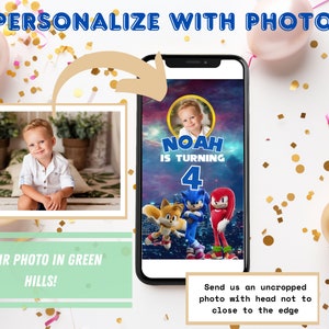May include: A personalized birthday invitation featuring a photo of a young boy in a blue shirt. The invitation has a blue and purple background with a cartoon image of Sonic the Hedgehog and his friends. The text on the invitation reads "Noah is turning 4".