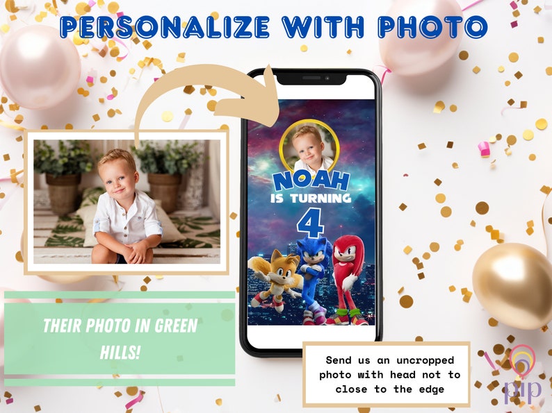 May include: A personalized birthday invitation featuring a photo of a young boy in a blue shirt. The invitation has a blue and purple background with a cartoon image of Sonic the Hedgehog and his friends. The text on the invitation reads "Noah is turning 4".