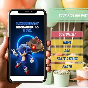 May include: A blue and red Sonic the Hedgehog birthday party invitation template on a smartphone screen. The template includes the text "Saturday, December 10, 1 PM" and customizable fields for name, age, party details, and photo.