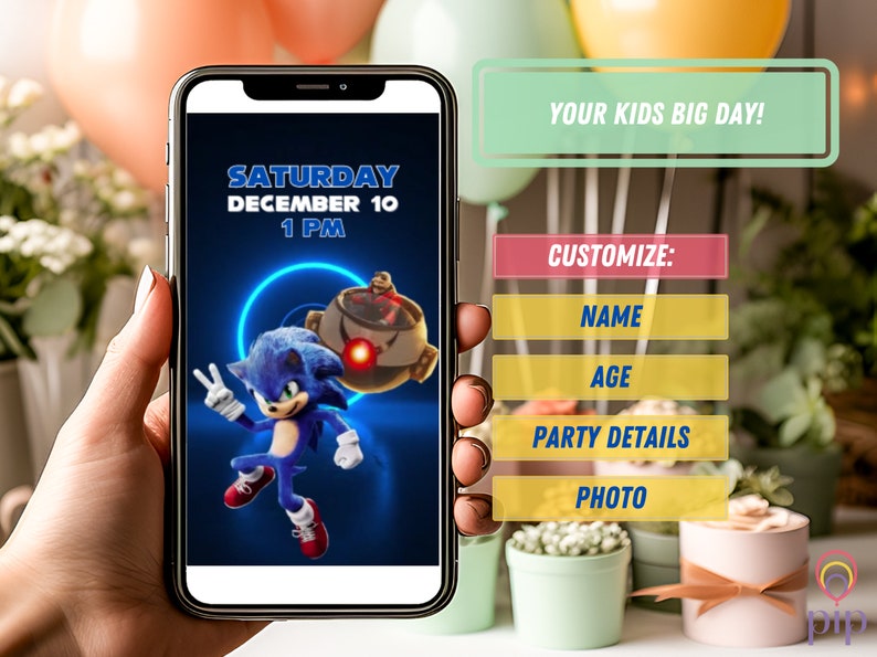 May include: A blue and red Sonic the Hedgehog birthday party invitation template on a smartphone screen. The template includes the text "Saturday, December 10, 1 PM" and customizable fields for name, age, party details, and photo.