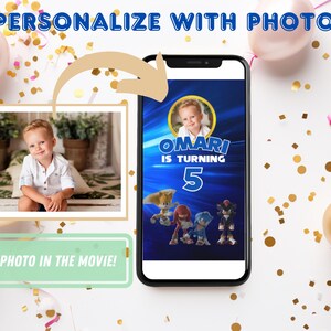 May include: A blue and black phone screen displays a personalised birthday invitation featuring a photo of a young boy. The invitation reads "OMARI IS TURNING 5" and includes characters from the Sonic the Hedgehog film. The phone is on a white surface with gold confetti.