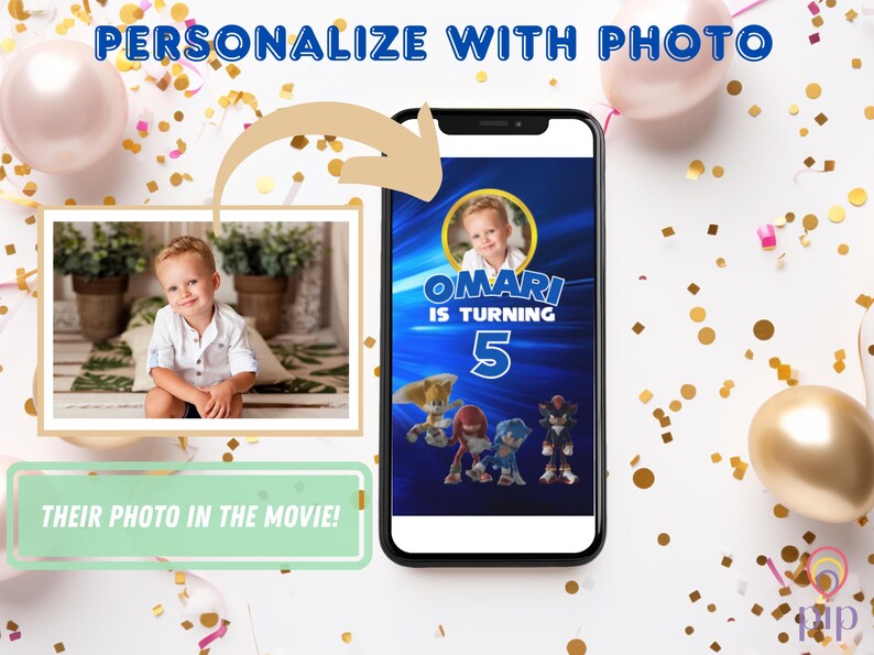 May include: A blue and black phone screen displays a personalised birthday invitation featuring a photo of a young boy. The invitation reads "OMARI IS TURNING 5" and includes characters from the Sonic the Hedgehog film. The phone is on a white surface with gold confetti.