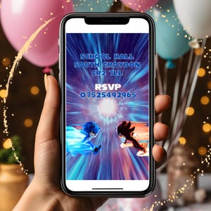 May include: A smartphone displaying a Sonic the Hedgehog themed party invitation. The invitation includes the text "School Hall, South Croydon, CR2 7LL" and "RSVP 07525492965".