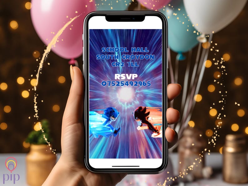 May include: A smartphone displaying a Sonic the Hedgehog themed party invitation. The invitation includes the text "School Hall, South Croydon, CR2 7LL" and "RSVP 07525492965".