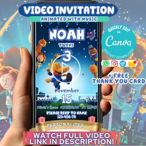May include: A colorful video invitation for Noah's 3rd birthday party. The invitation features a cartoon character and the text "Noah Turns 3" and "November 15". The invitation is animated with music and can be edited in Canva. A free thank you card is included.